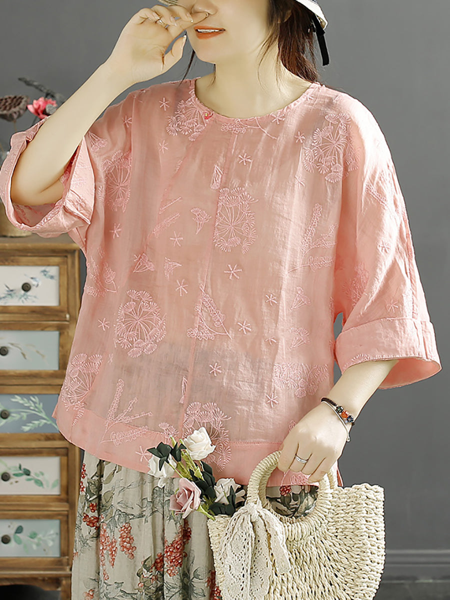 Women Vintage Embroidery Solid Ramie Shirt AA1012