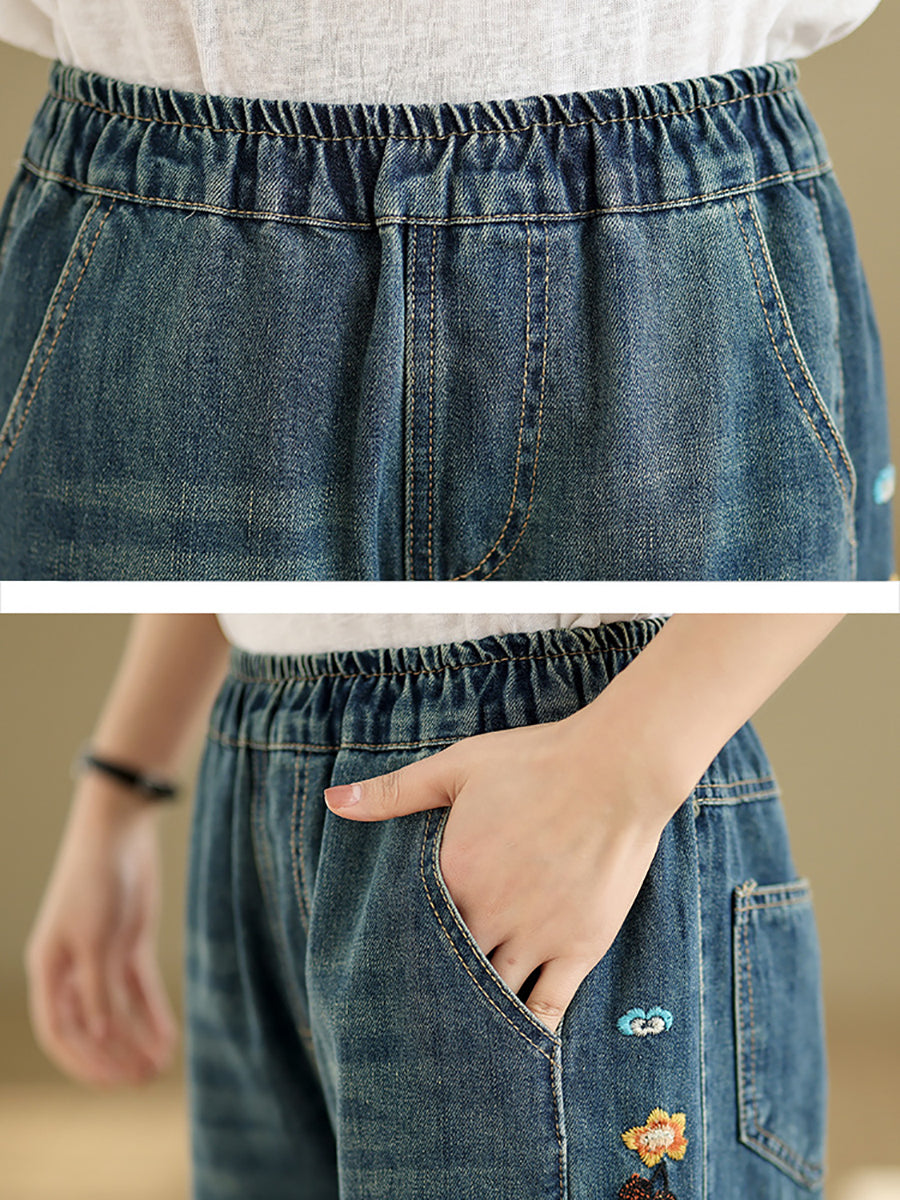 Retro Women Denim Wide-leg Embroidery Pants