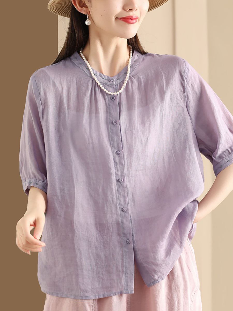 Women Summer O-Neck Embroidery Button-up Ramie Shirt PP1035