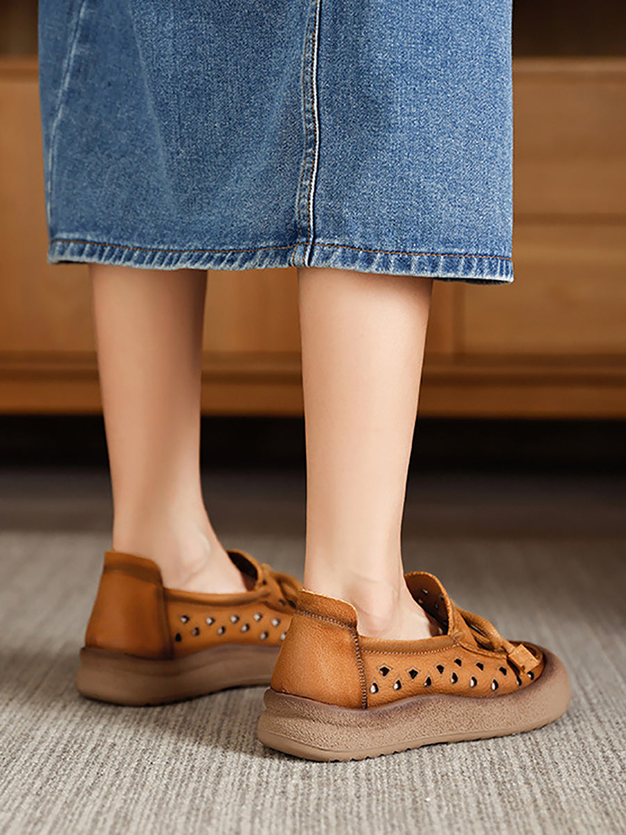Women Flat Genuine Shoes Hollow Out Summer Leather