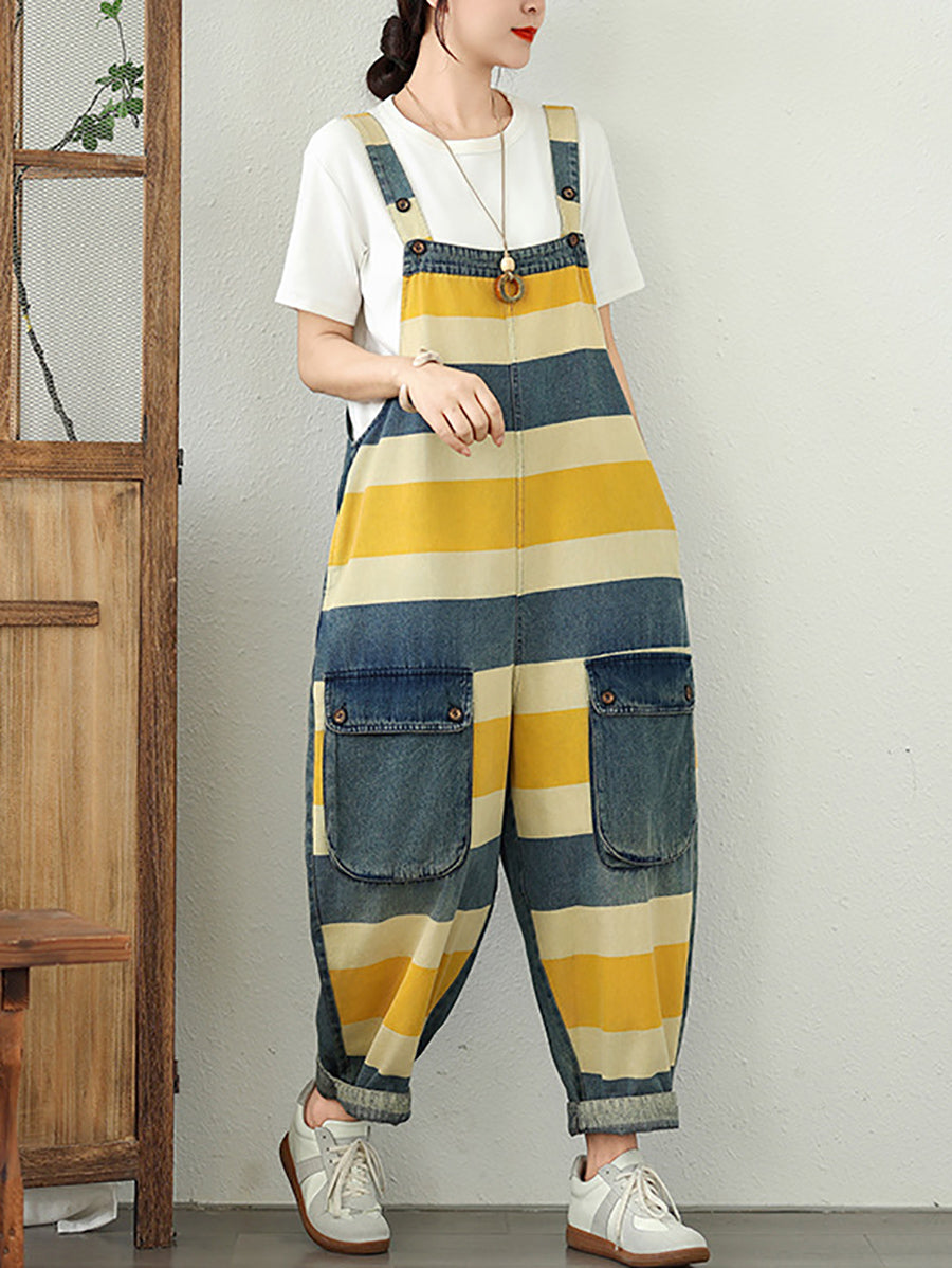 Jumpsuits Stripe Colorblock Summer Women Denim Loose