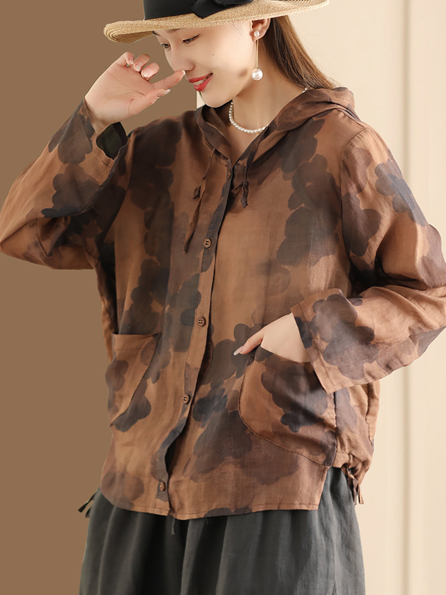 Women Spring Artsy Flower Button-Up Hooded Shirt CO1004