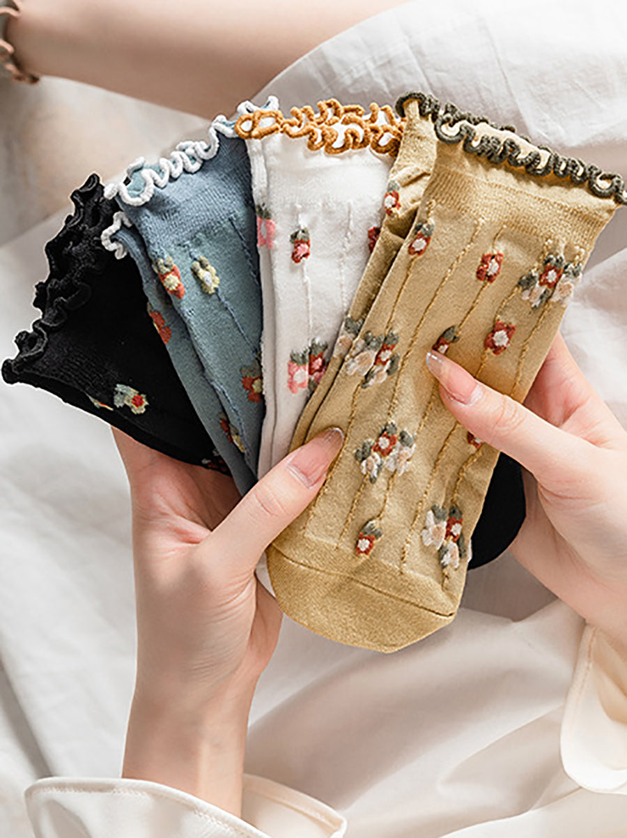 5 Pairs Women Summer Artsy Flower Jacquard Socks OO1032