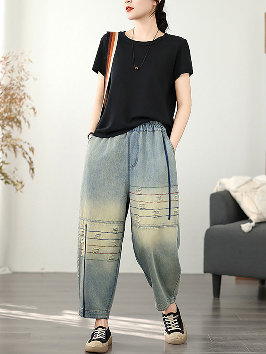 Harem Denim Frayed Retro Women Pants