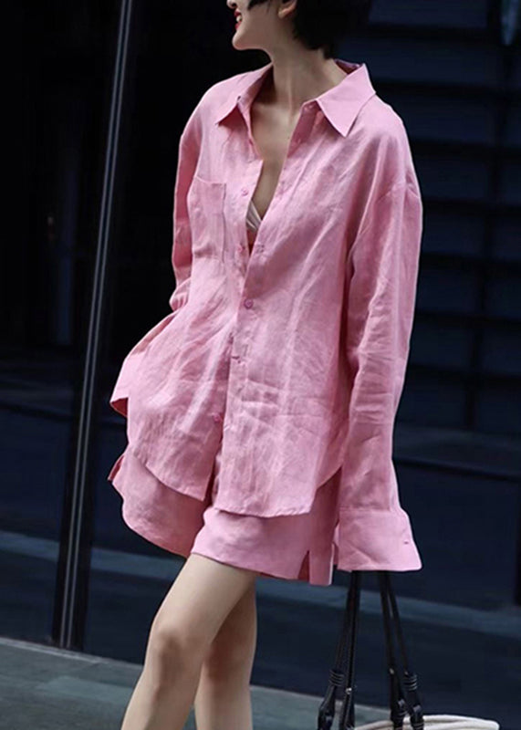 Modern Pink Button Shirts And shorts Two Pieces Set Fall AN1017