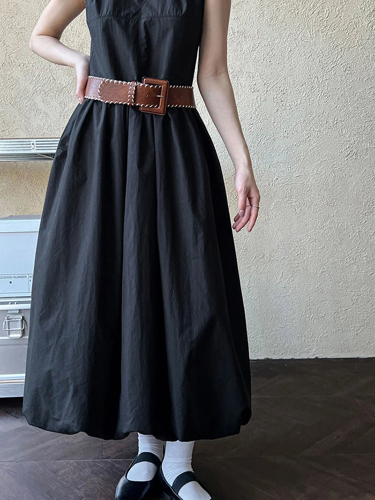 Simple Blue Puff Patchwork Dress Sleeveless O-neck Hem