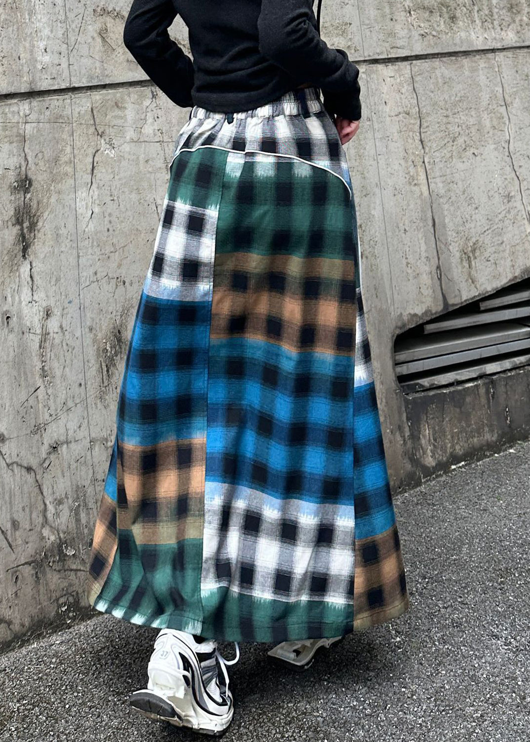 Spring Patchwork Plaid High Denim Waist Blue Loose Skirt