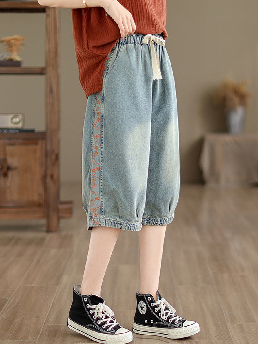 Women Summer Spliced Washed Denim Knee Length Pants OP1039