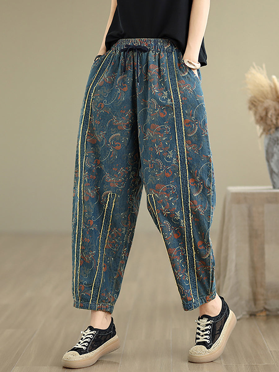 Women Patchwork Flower Denim Pants Harem Retro