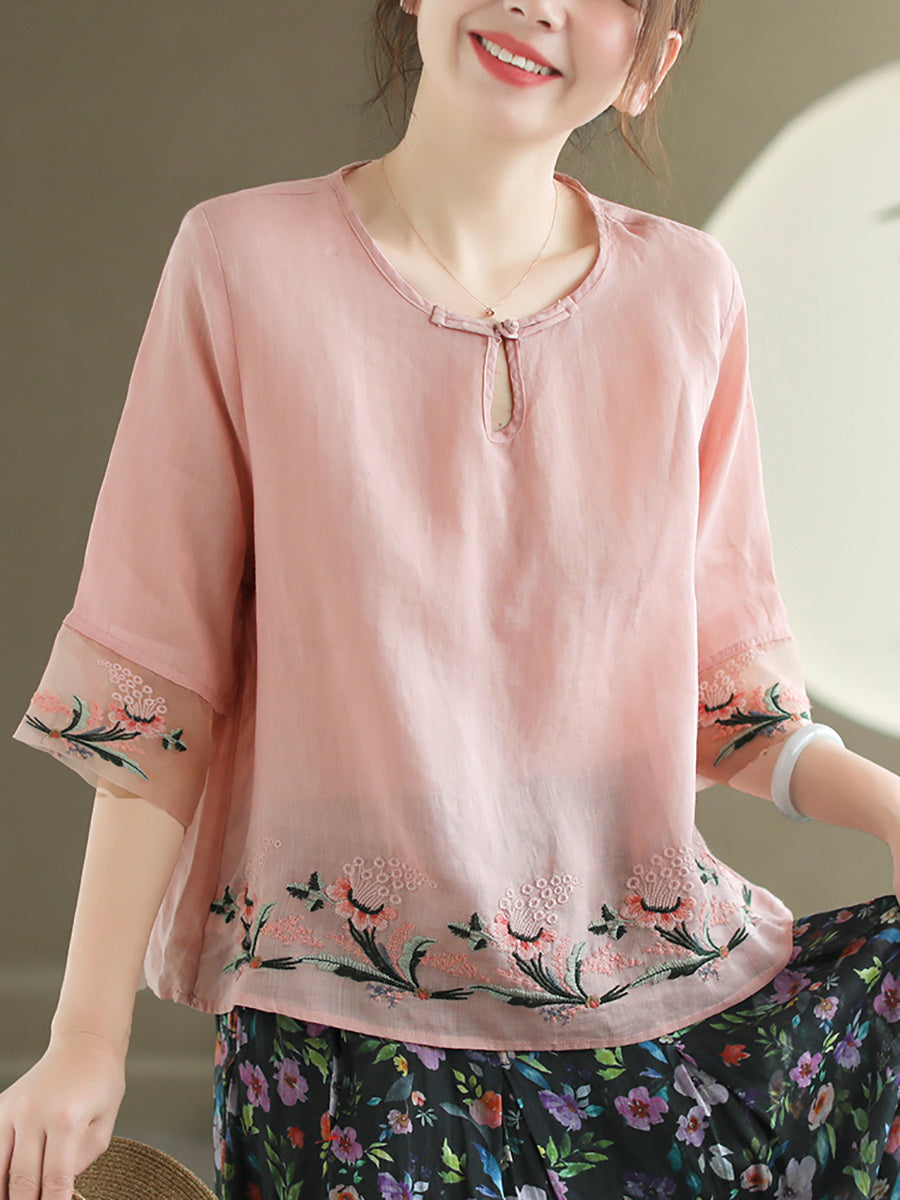 Women Summer Vintage Floral Embroidery Ramie Shirt AS1045