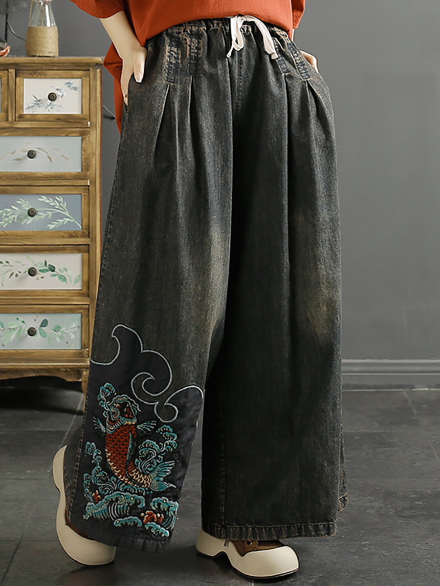 Women Summer Vintage Koi Embroidery Wide-leg Denim Pants CO1049