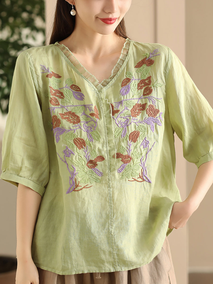 Women Summer Vintage Flower Embroidery Lace Ramie Shirt FD044