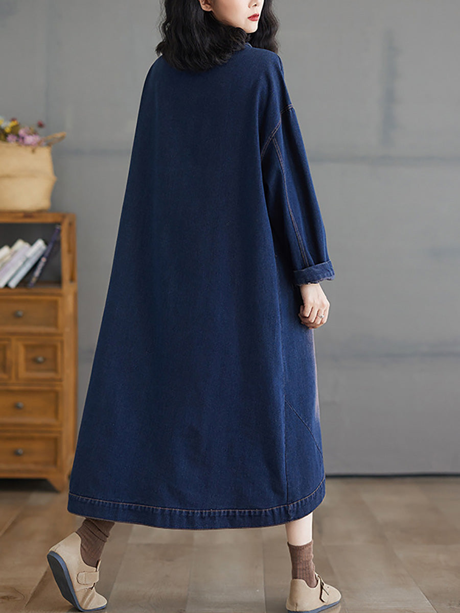 Women Autumn Worn V-Neck Washed Denim Long Coat AX1080