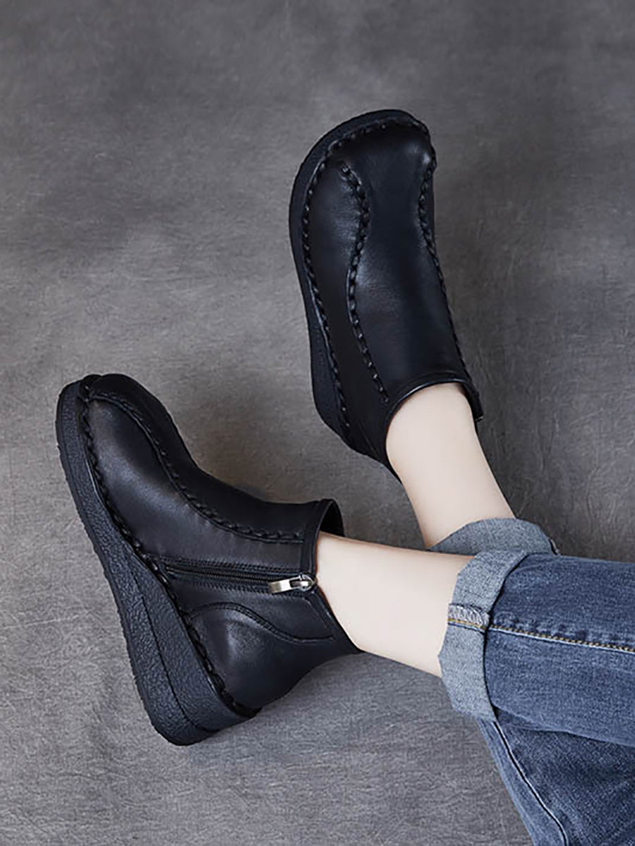 Women Retro Soft Leather Spliced Fleece-lined Mid-Heel Boots