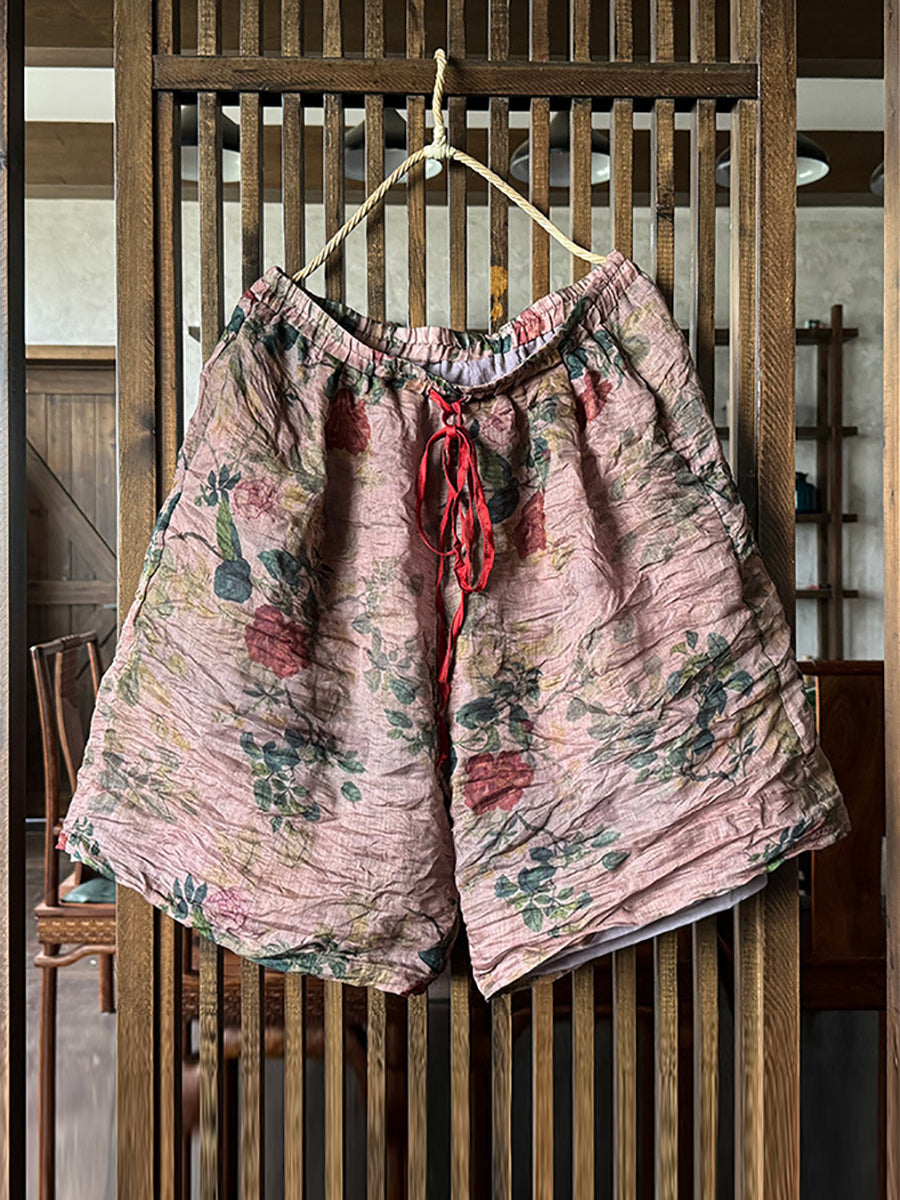 Short ample en ramie à fleurs vintage pour femme RR1024 