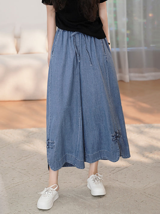 Women Summer Vintage Buckle Wide-leg Denim Pants CX031