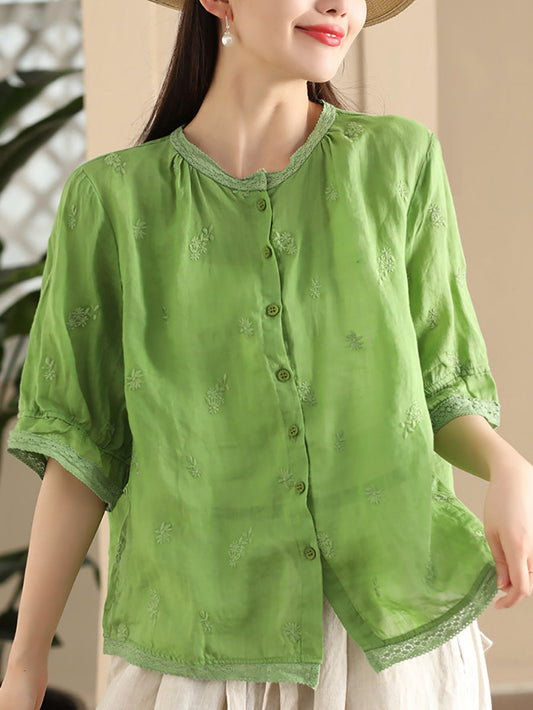 Women Summer Vintage Embroidery Button-up Ramie Shirt CX007