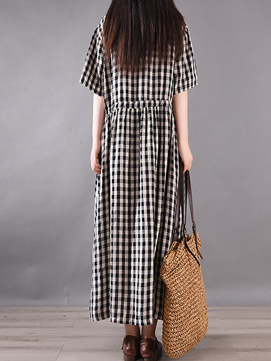 Women Summer Vintage Plaid Strap Linen Cotton Dress CV1036