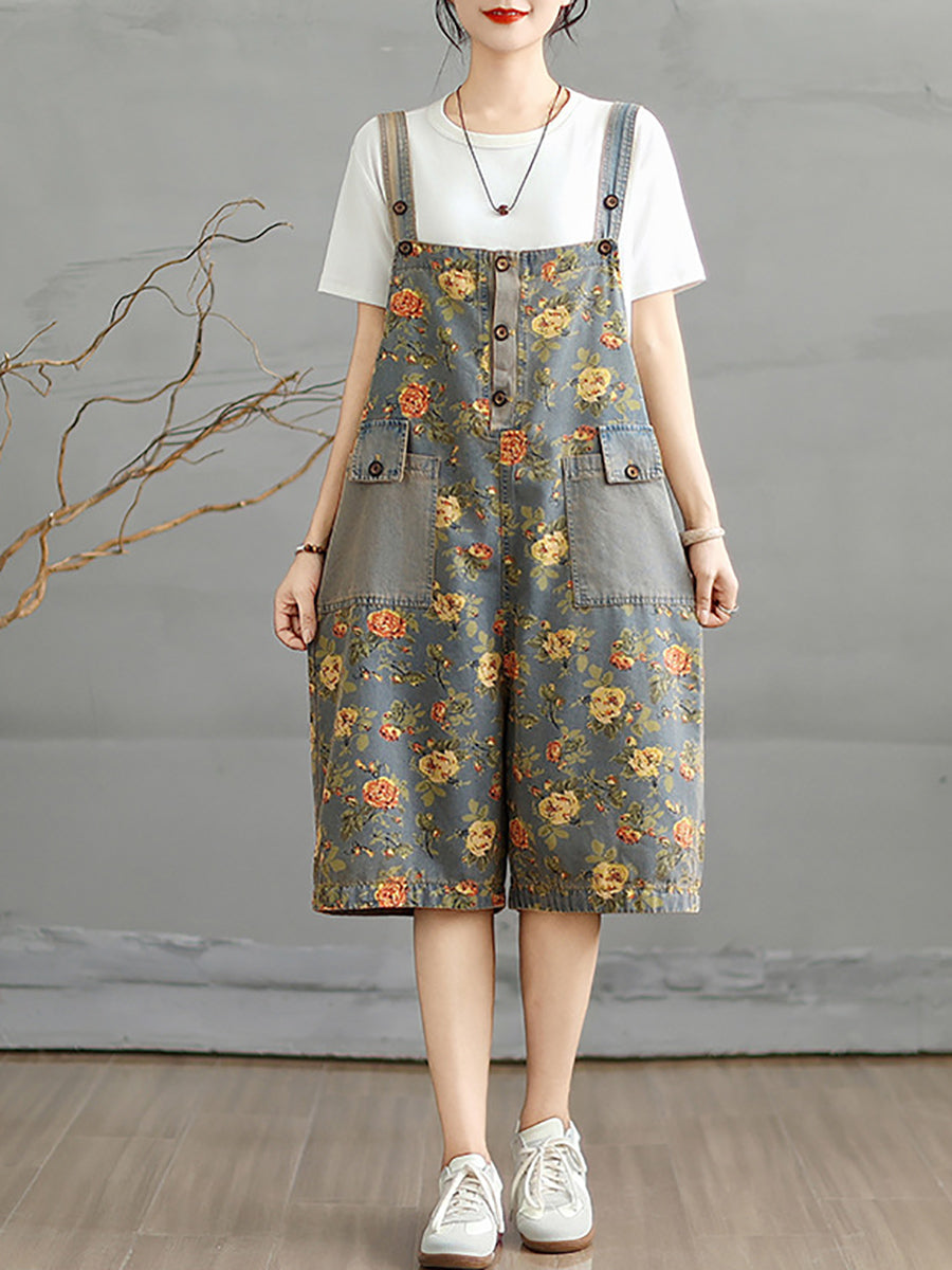 Women Flower Denim Jumpsuits Artsy Short Summer