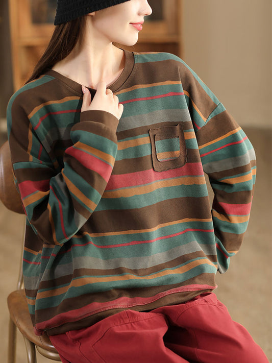 Women Casual Autumn Colorblock Stripe O-Neck Cotton Sweatshirt AI1027