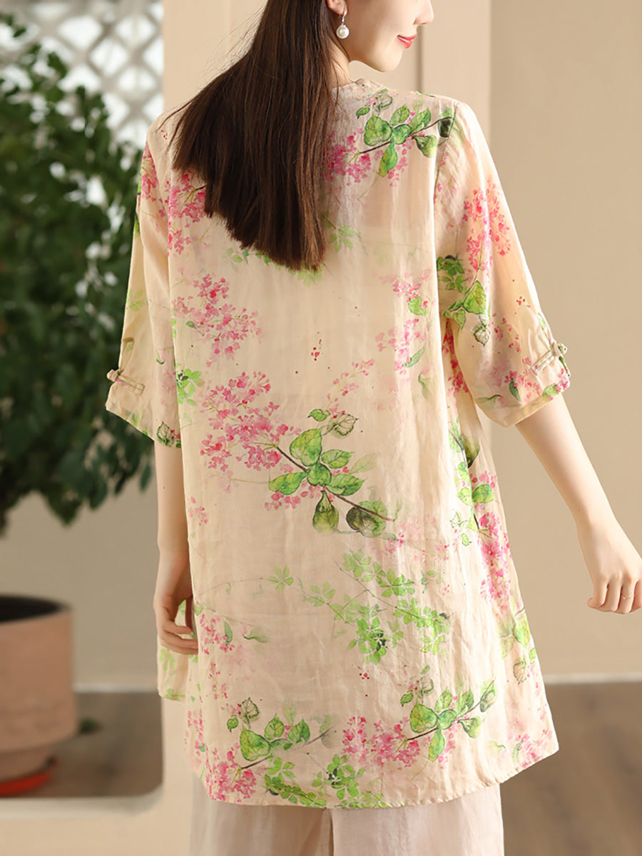 Women Summer Vintage Flower Buckle Ramie Long Shirt LL039