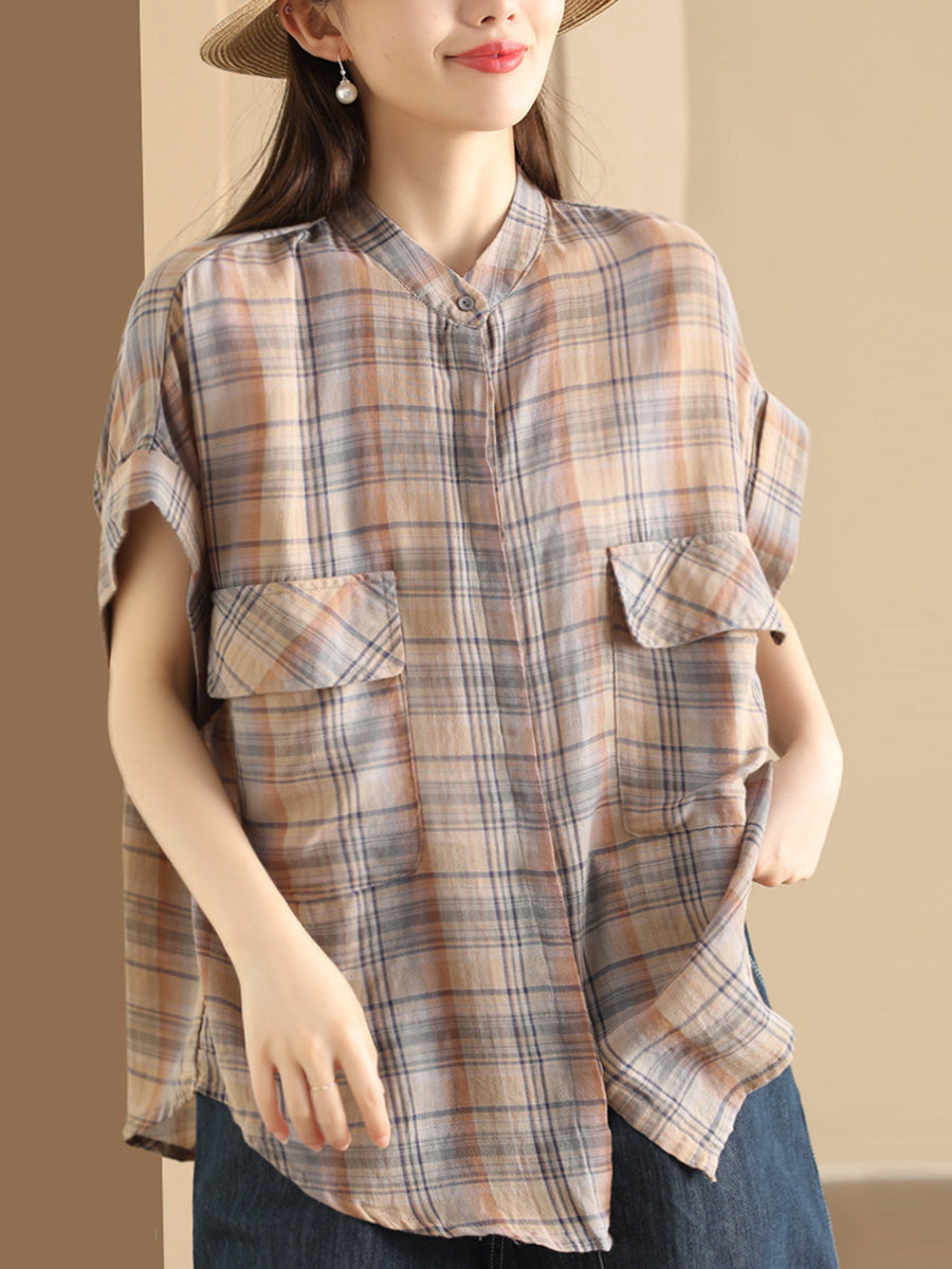 Women Summer Vintage Plaid Button-up Shirt PP1037