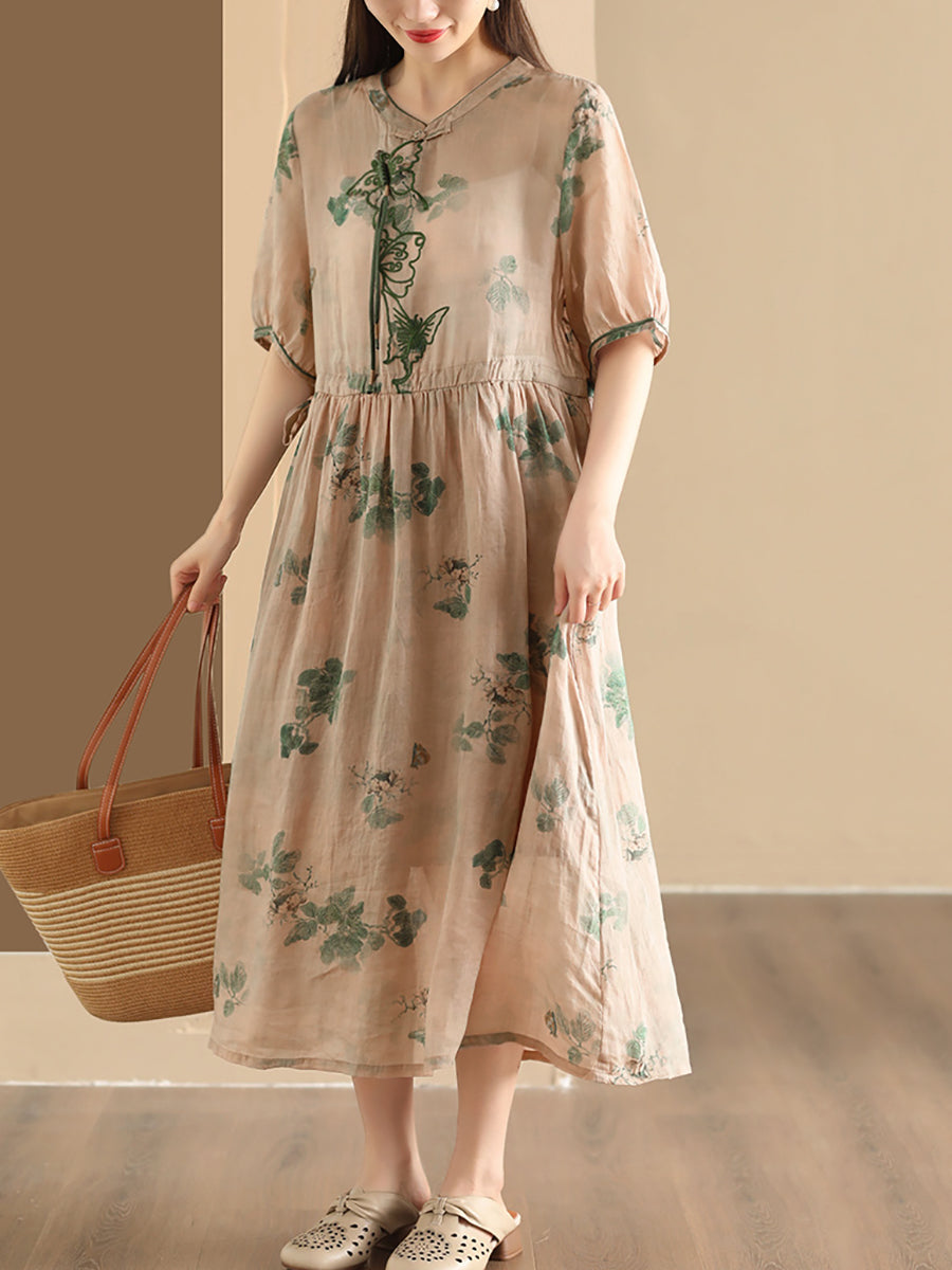 Women Summer Vintage Butterfly Embroidery Ramie Dress PP1036