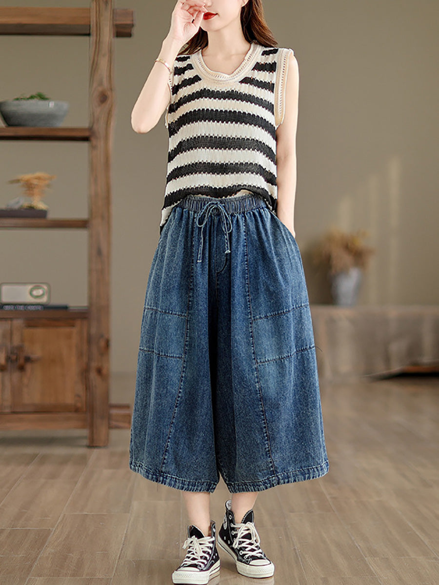 Women Summer Casual Solid Denim Spliced Wide-leg Pants PP1002