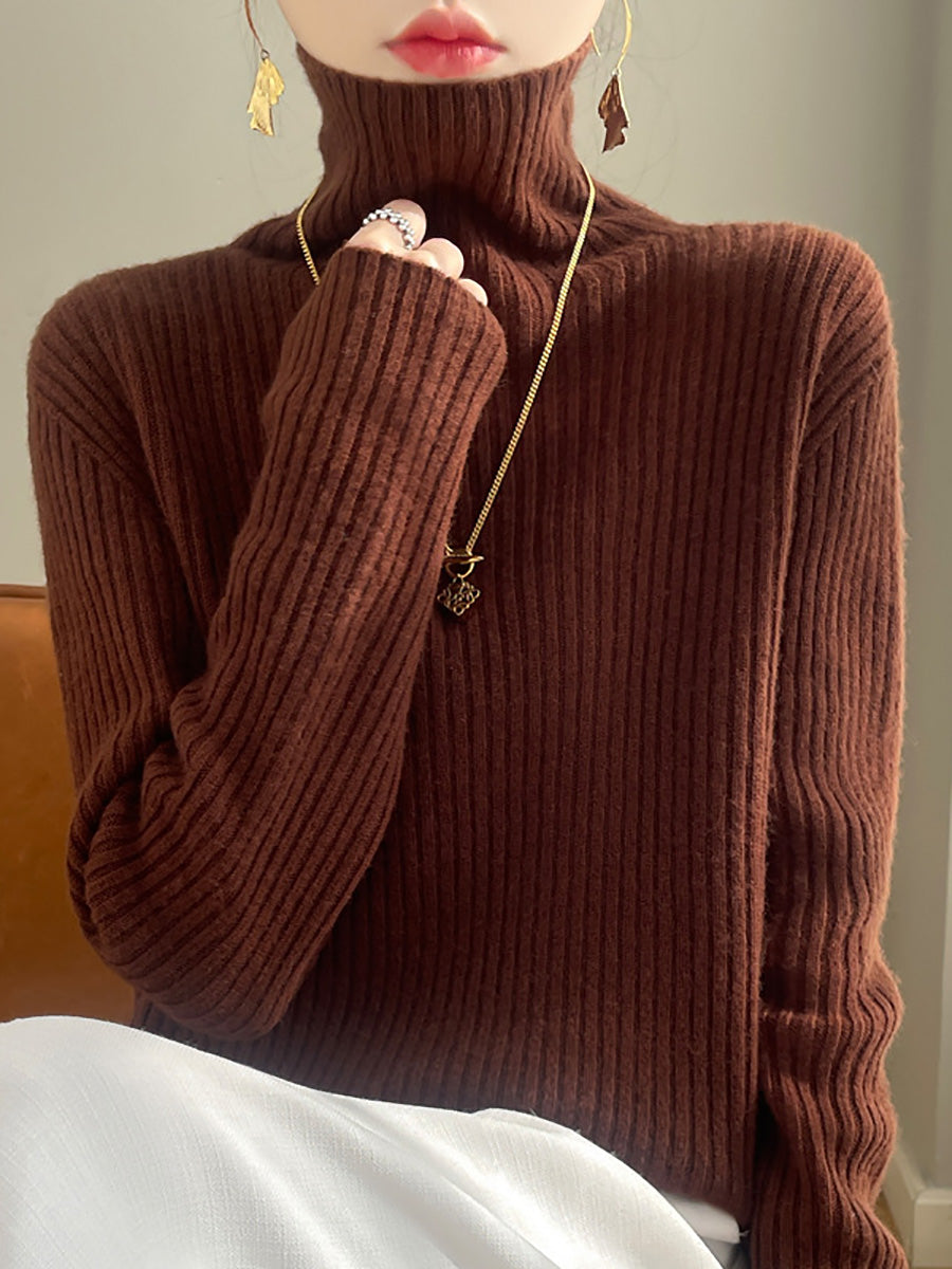 Women Autumn Casual Solid Turtleneck Wool Knit Sweater AX1086