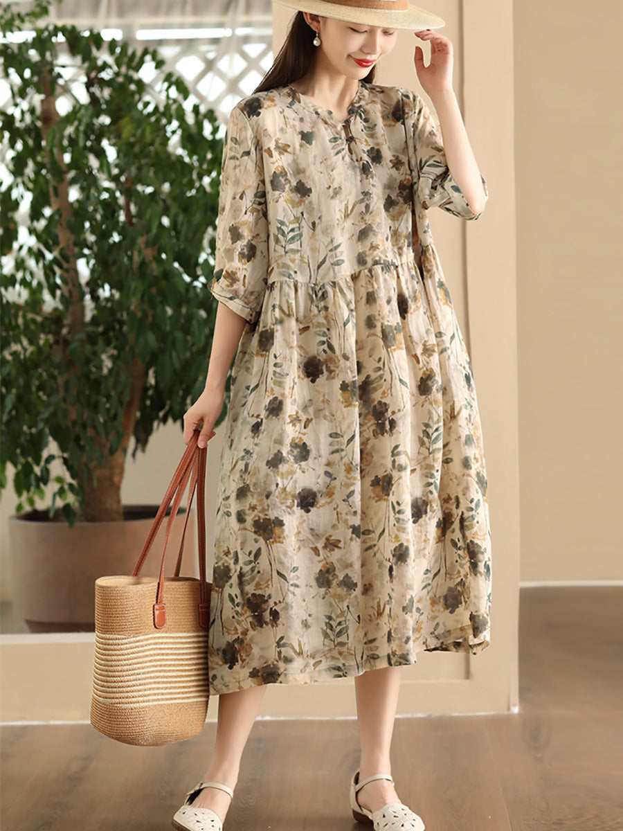 Women Summer Artsy Floral V-Neck Loose Ramie Dress LL020