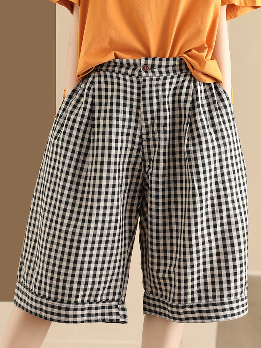 Women Summer Casual Plaid Linen Wide-leg Pants PP1028