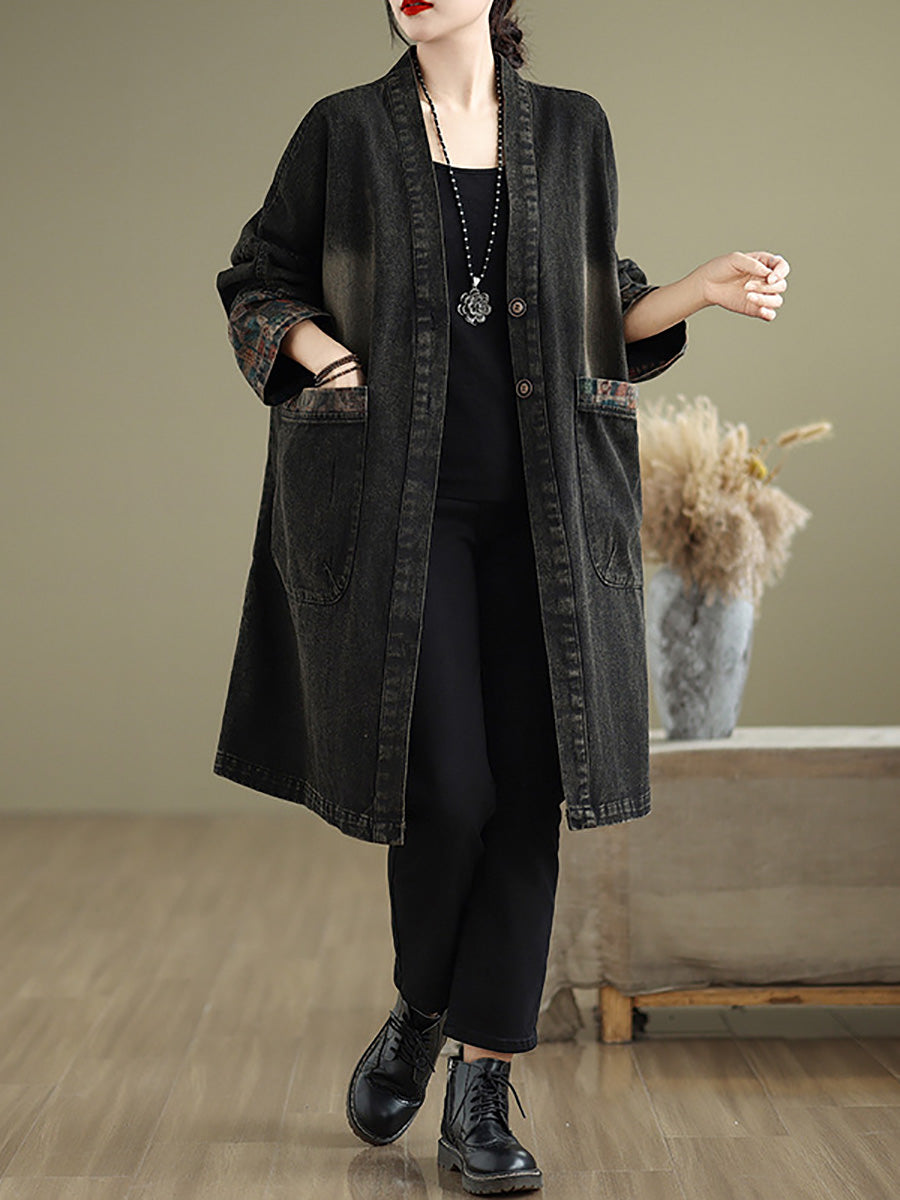 Women Autumn Casual Patchwork V-Neck Pocket Denim Coat AX1056