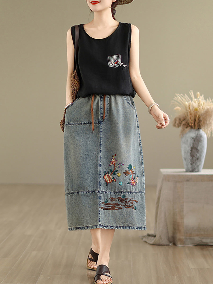 Flower Artsy Spring Embroidery Denim Skirt Women