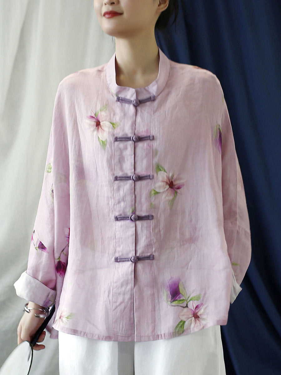 Plus Size Women Vintage Flower Pink Spring Ramie Shirt Coat PP1051