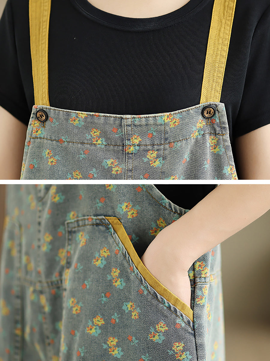 Denim Casual Summer Wide-leg Jumpsuits Floral Women