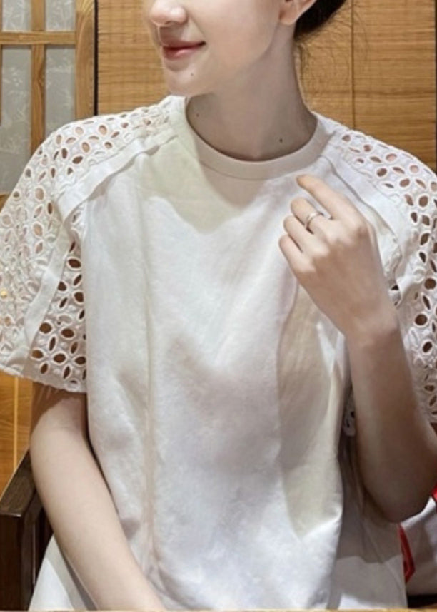 Chic White O-Neck Hollow Out T Shirt Short Sleeve TT1040