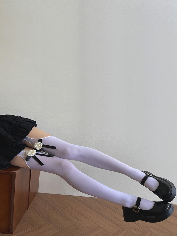 Black/White Tights Camellia Suspender Bowknot