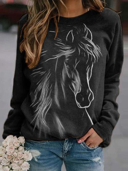 Horse Printed Raglan Sleeve Crew Neck Casual Sweatshirt GA22