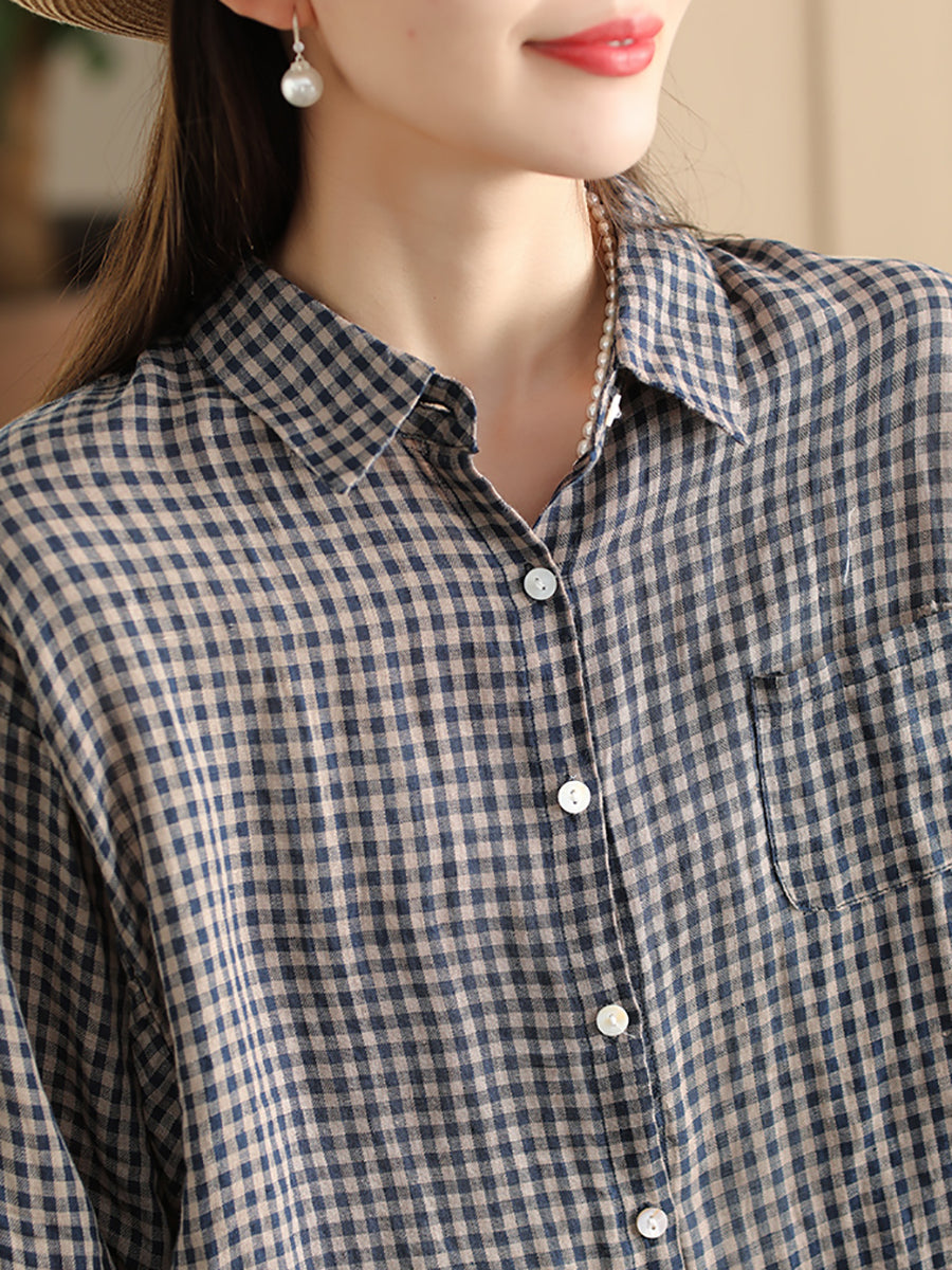 Women Summer Vintage Plaid Button-Up Linen Shirt PP1034