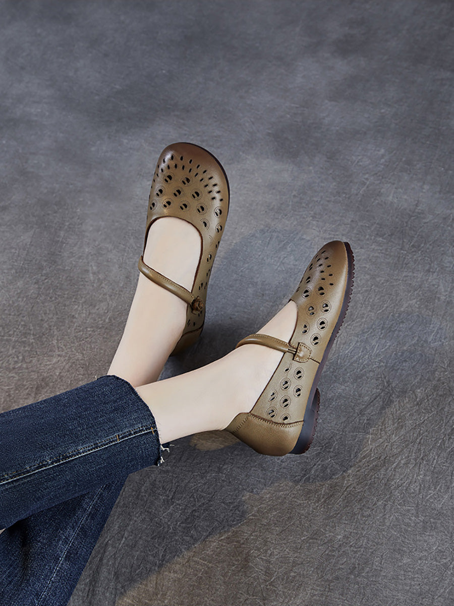 Leather Heel Summer Low Women Shoes Genuine Out Hollow