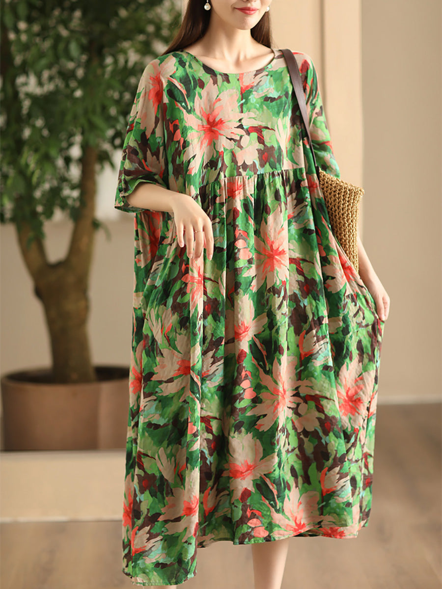 Women Summer Vintage Flower Linen Loose Dress FD043