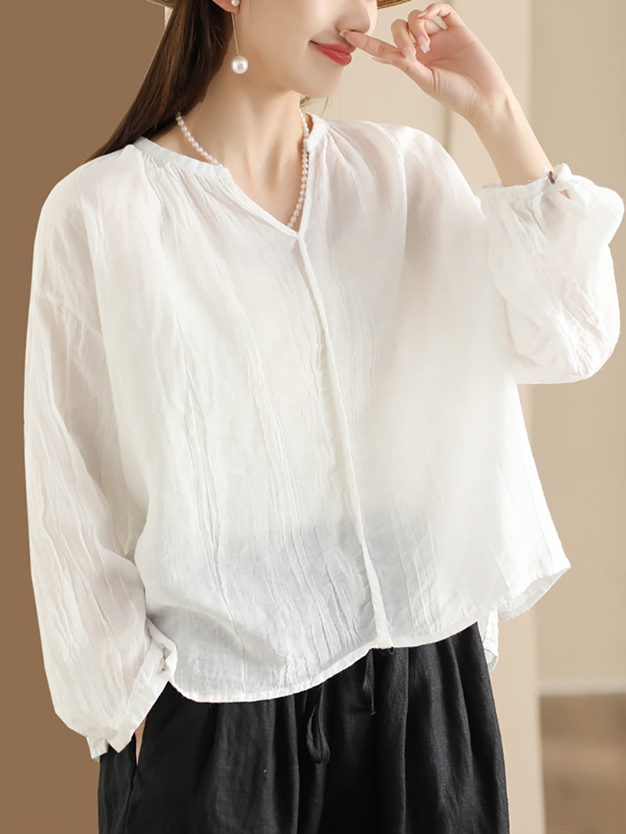 Women Spring Solid Vintage Ramie V-neck Blouse CO1013