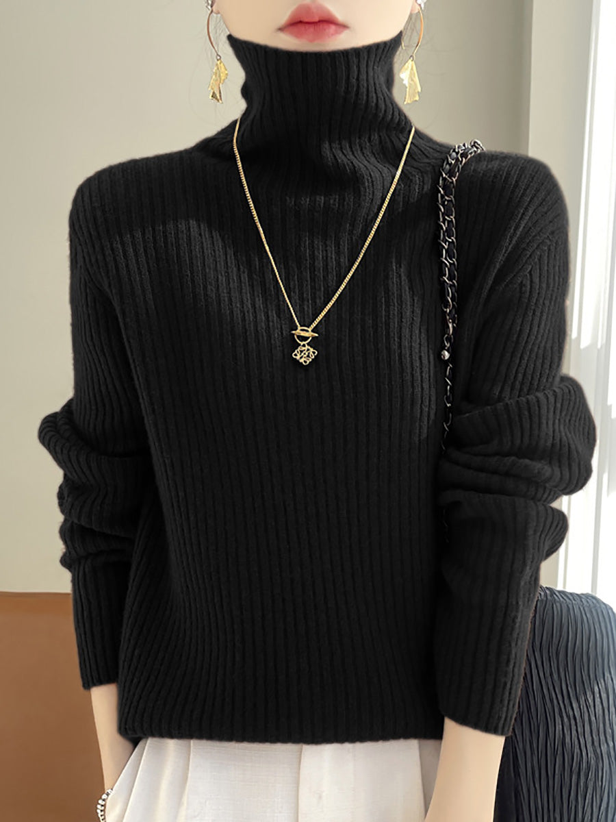 Women Autumn Casual Solid Turtleneck Wool Knit Sweater AX1086