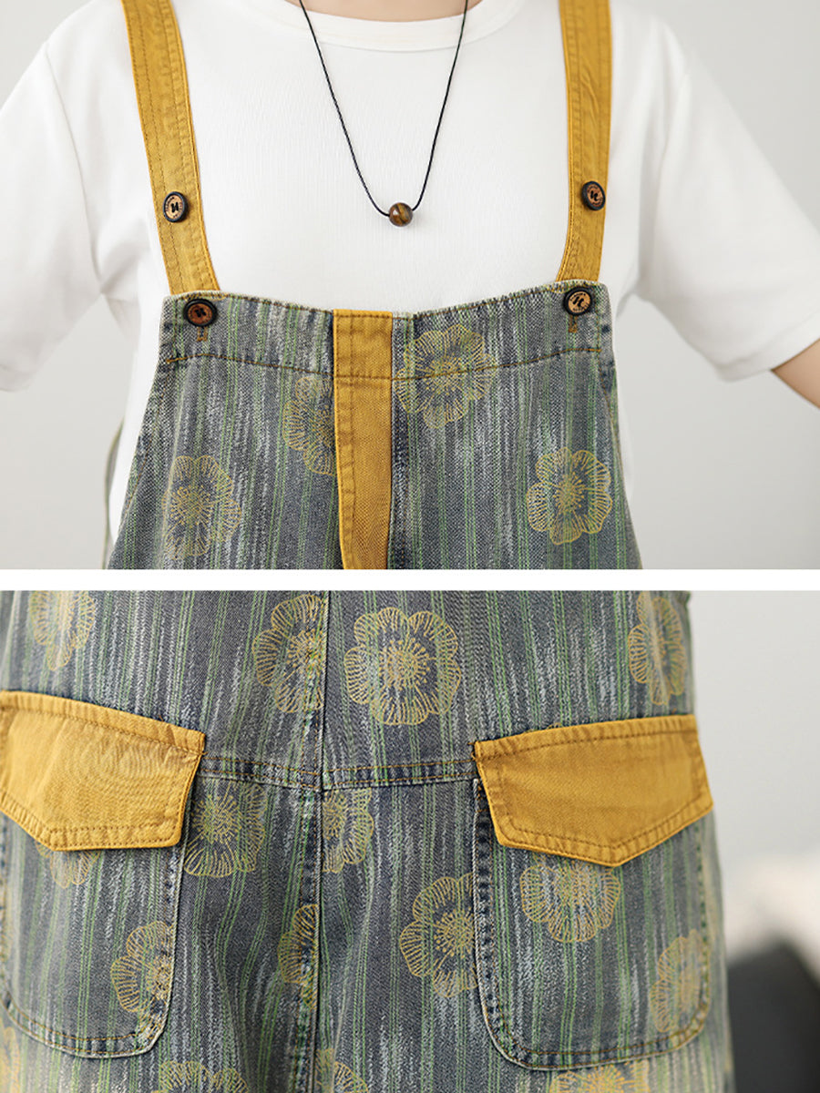 Women Denim Flower Stripe Fashion Jumpsuits Summer