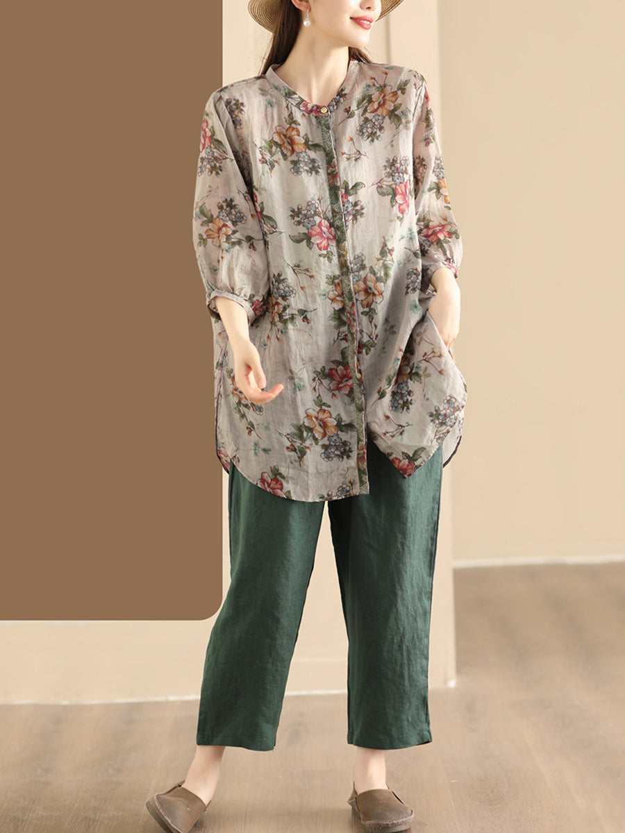 Women Summer Artsy Floral Spliced Ramie Long Shirt TY1024