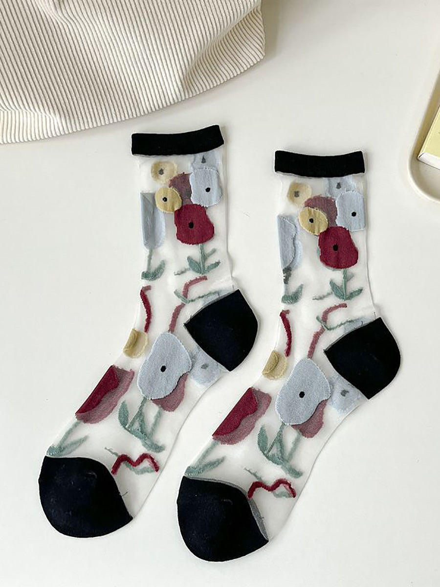 Lot de 5 paires de chaussettes fines en jacquard à fleurs artistiques pour femmes CX040