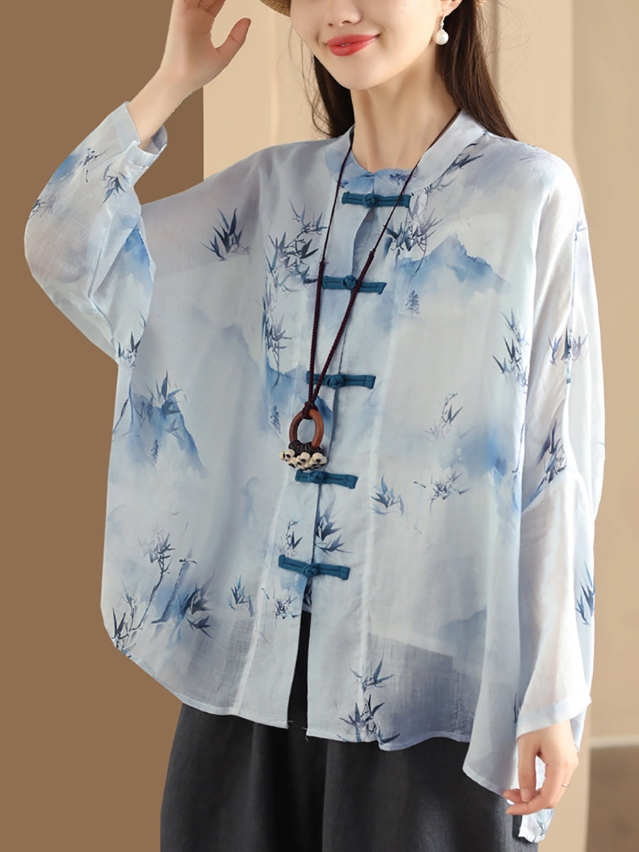 Damen Sommer Artsy Flower Button-Up Ramie Shirt HH016