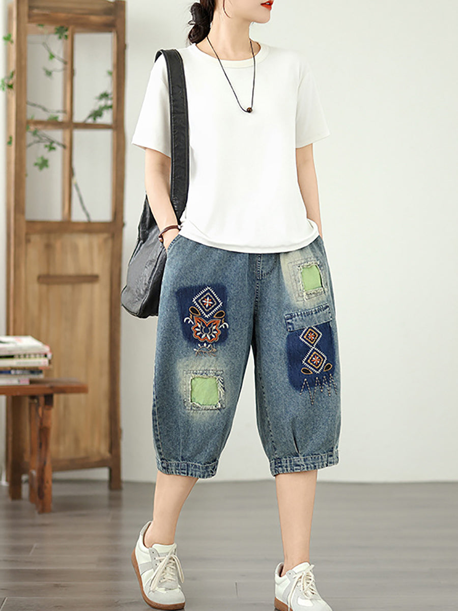 Flower Denim Patchwork Retro Fifth Women Embroidery Pants