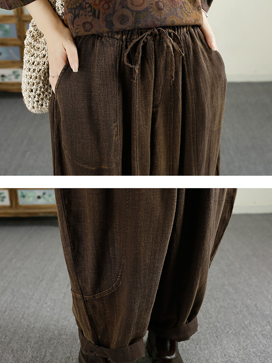 Women Autumn Vintage Solid Pocket Linen Harem Pants AV1031