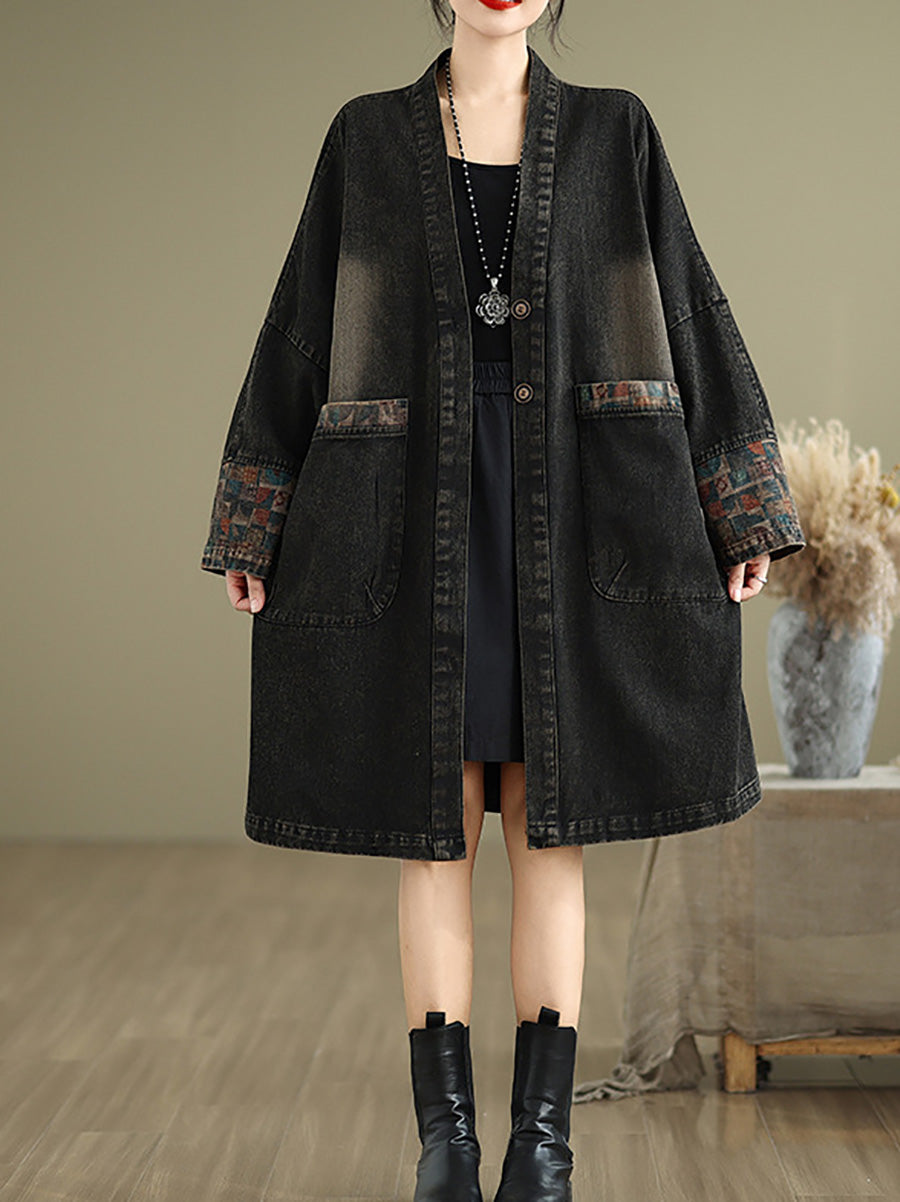 Women Autumn Casual Patchwork V-Neck Pocket Denim Coat AX1056